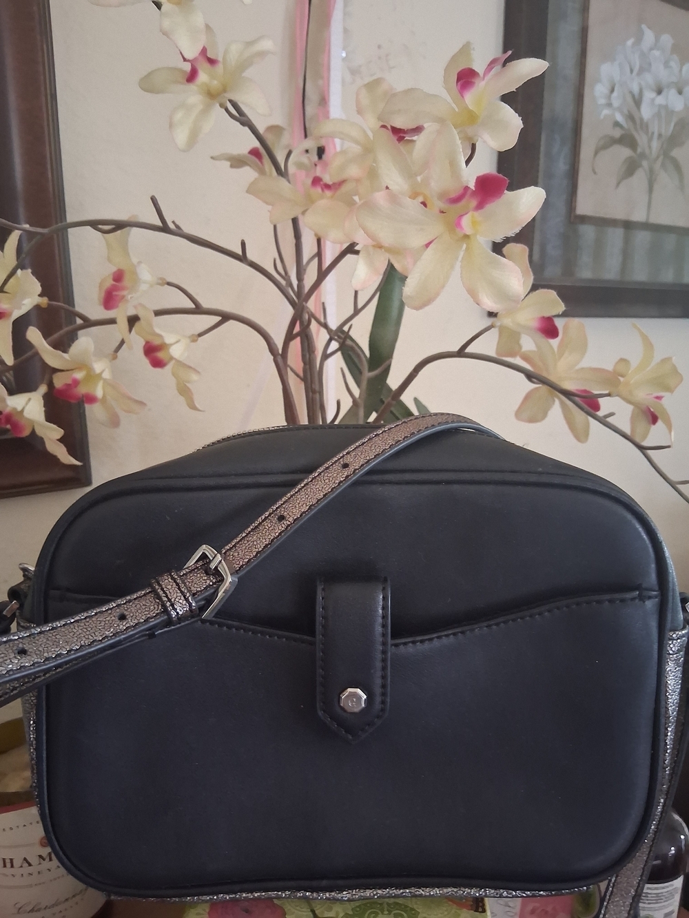 G.I.L.I. Black Genuine Leather Crossbody Bag with Metallic Strap Accent